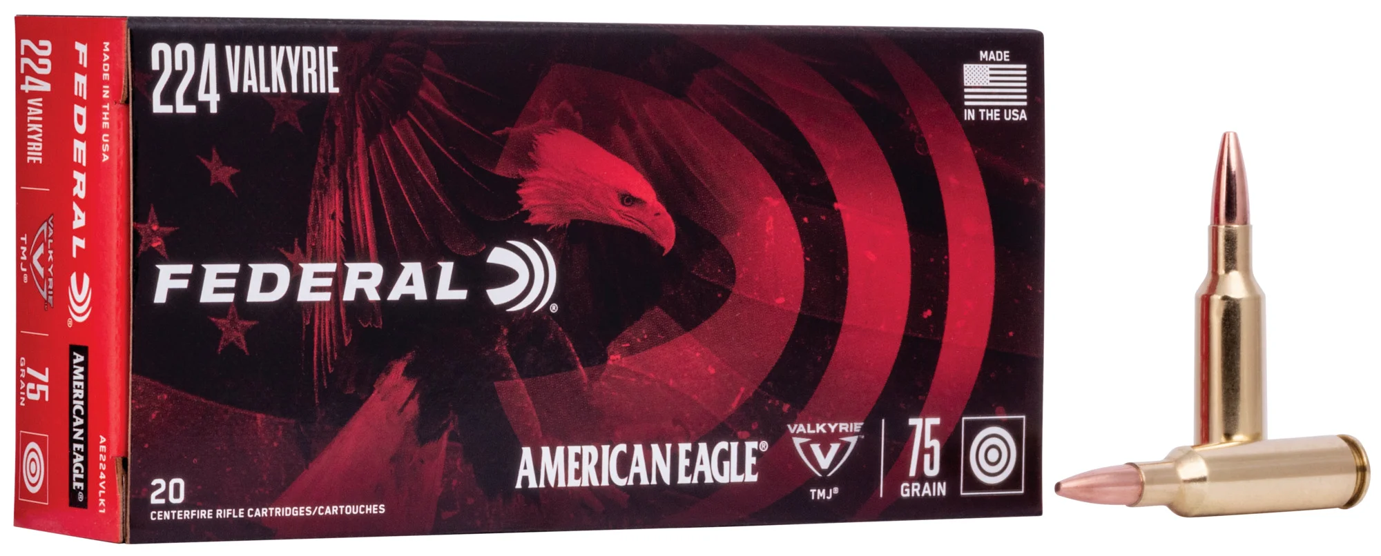 Federal American Eagle 224 Valkyrie 75 grain TMJ Total Metal Jacket (20 rd box)